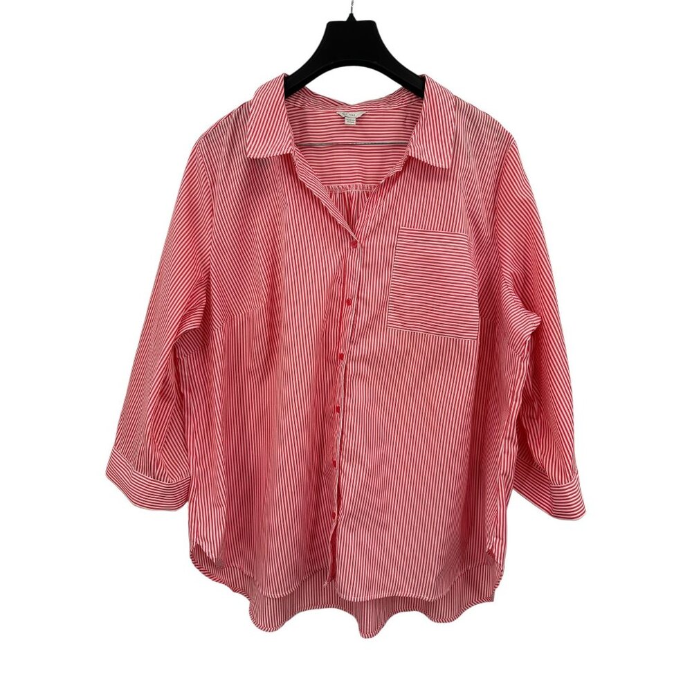 Est. Red White Striped Button-Up Blouse 3/4 Sleeve Bow Collar Plus Size 26W 28W